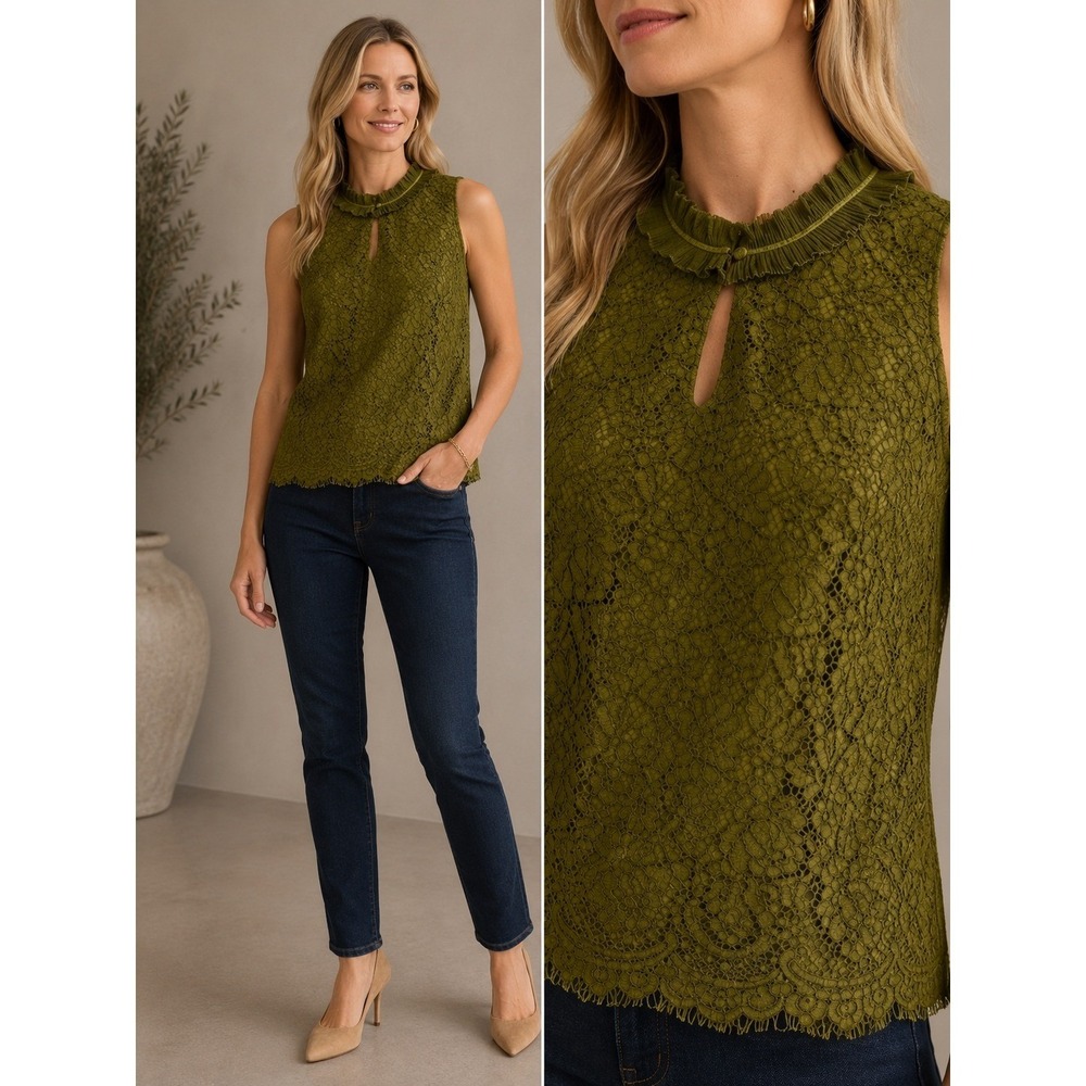 J.Crew Tank Top Women PXS Green Lace Ruffle Pleated Keyhole H4127